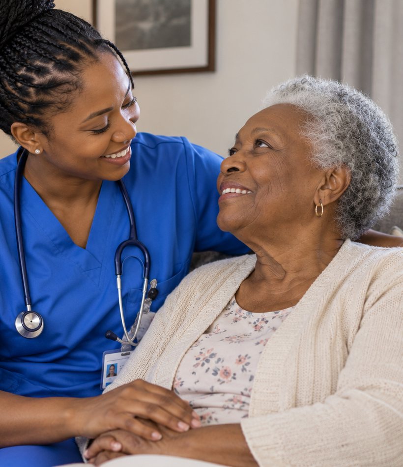 A nurse in scrubs sitting with an older woman at home
